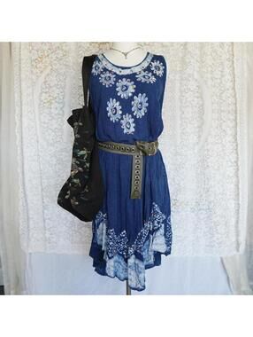 Vtg Flowy Sea Punk Fairy Sun Dress Batik Dyed Rayon Sequined Embroidery Indigo